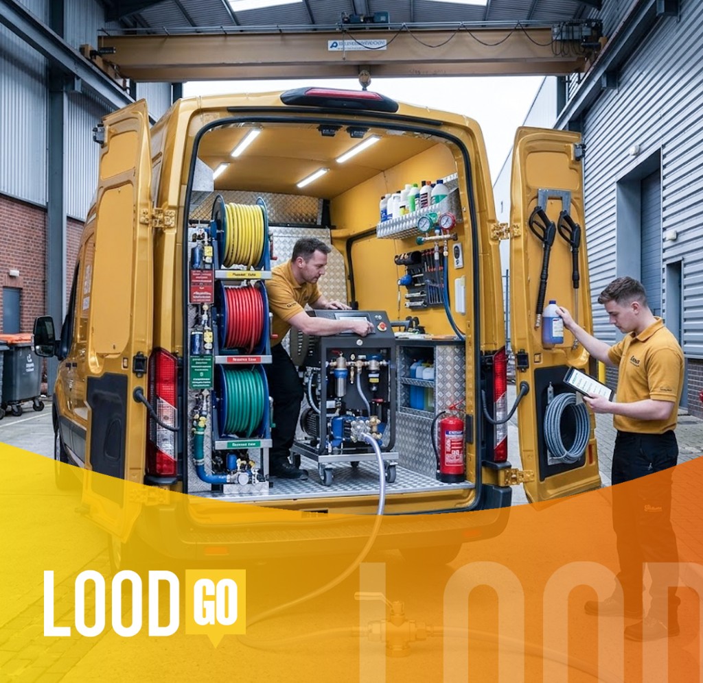 LoodGo vakmensen bij de volledig uitgeruste servicebus met hogedrukreiniger, haspels en professioneel loodgietersmateriaal